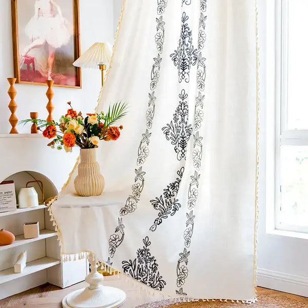 Boho Embroidery Black Flower Curtains
