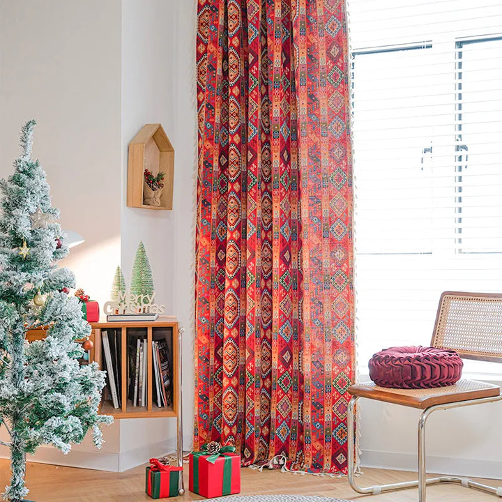 Vintage Farmhouse Red Boho Curtains