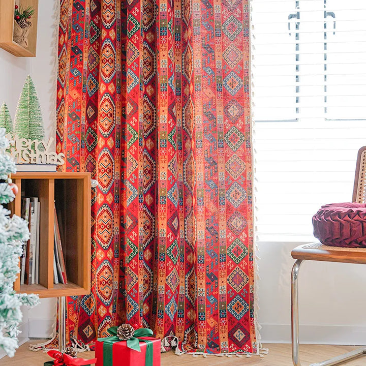 Vintage Farmhouse Red Boho Curtains