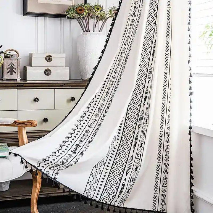 Boho White Black Curtains with Tassels - MagicClothLife | Home Shop