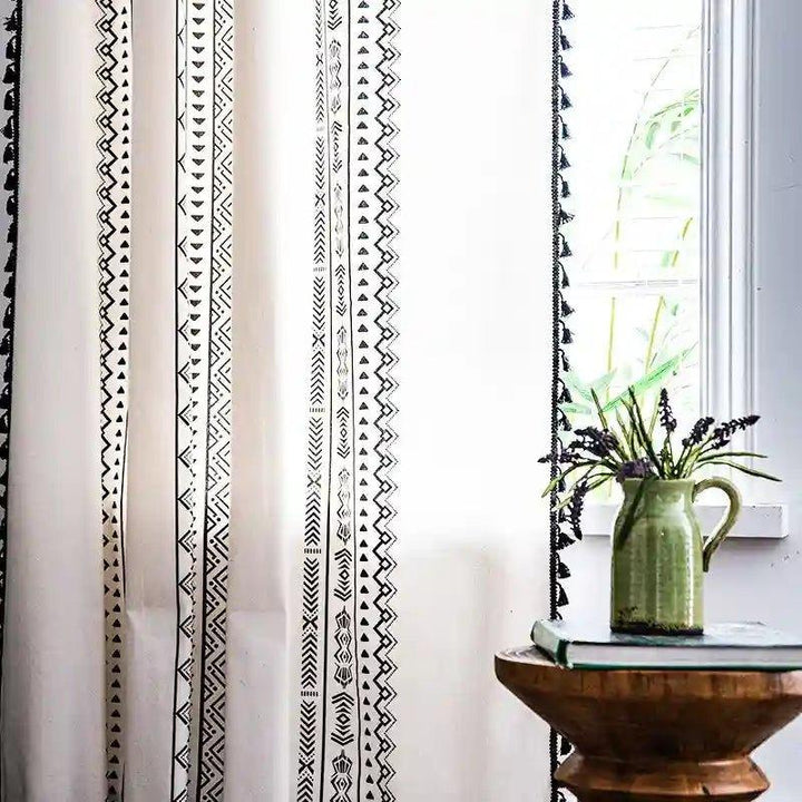 Boho White Black Curtains with Tassels - MagicClothLife | Home Shop