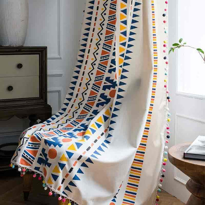 Colorful Geometric Stripe Curtains with Pom - Pom Tassels - MagicClothLife | Home Shop