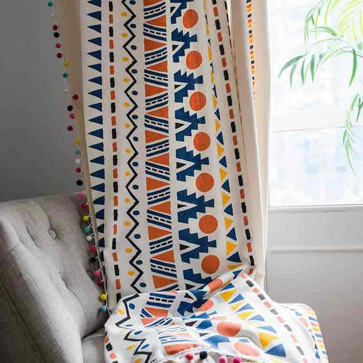 Colorful Geometric Stripe Curtains with Pom - Pom Tassels - MagicClothLife | Home Shop