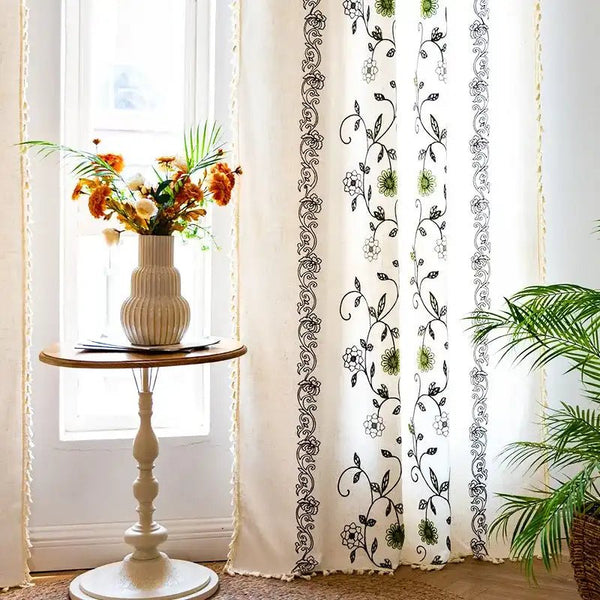 Green Flower Plant Black White Curtains - MagicClothLife