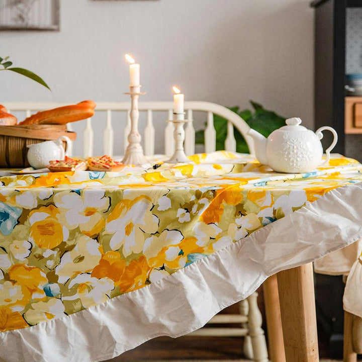 Vintage Ruffle Trim Yellow Flower Tablecloth | MagicClothLife Home Shop