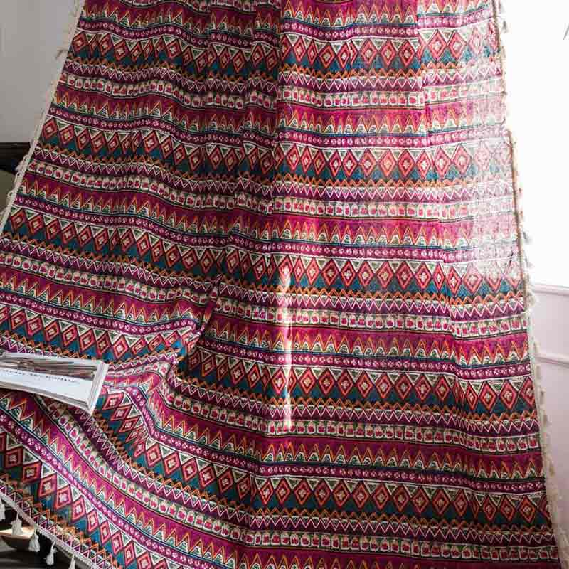 Boho Red Stripe Cotton Linen Curtain - magicclothlife