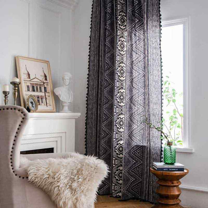 Dark Grey Boho Cotton Linen Curtain - magicclothlife