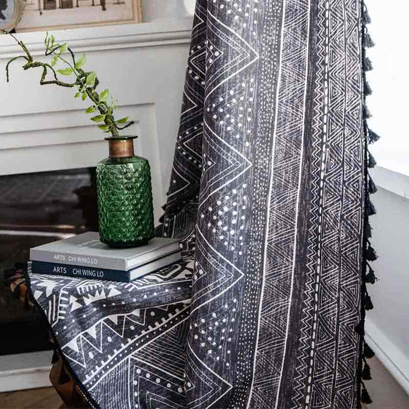 Dark Grey Boho Cotton Linen Curtain - magicclothlife