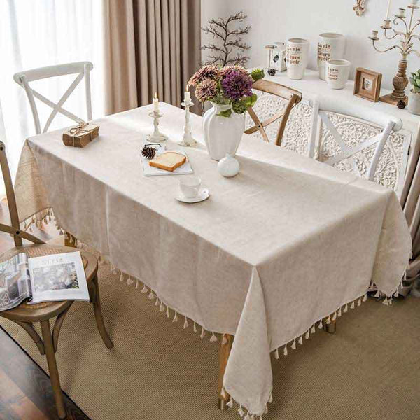 Vintage Beige Tassels Linen Cotton Tablecloth - MagicClothLife | Home Shop